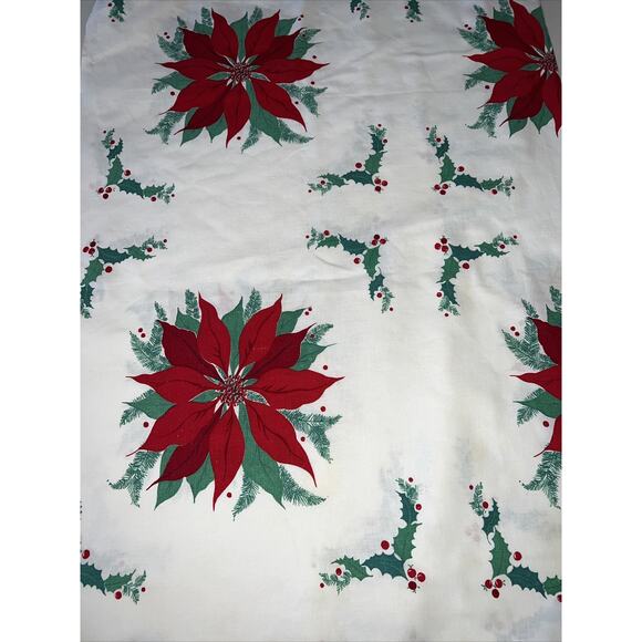 Vtg Christmas Red Poinsettia Holly Tablecloth 84x51” Rectangular Fabric FLAWS - Picture 16 of 16